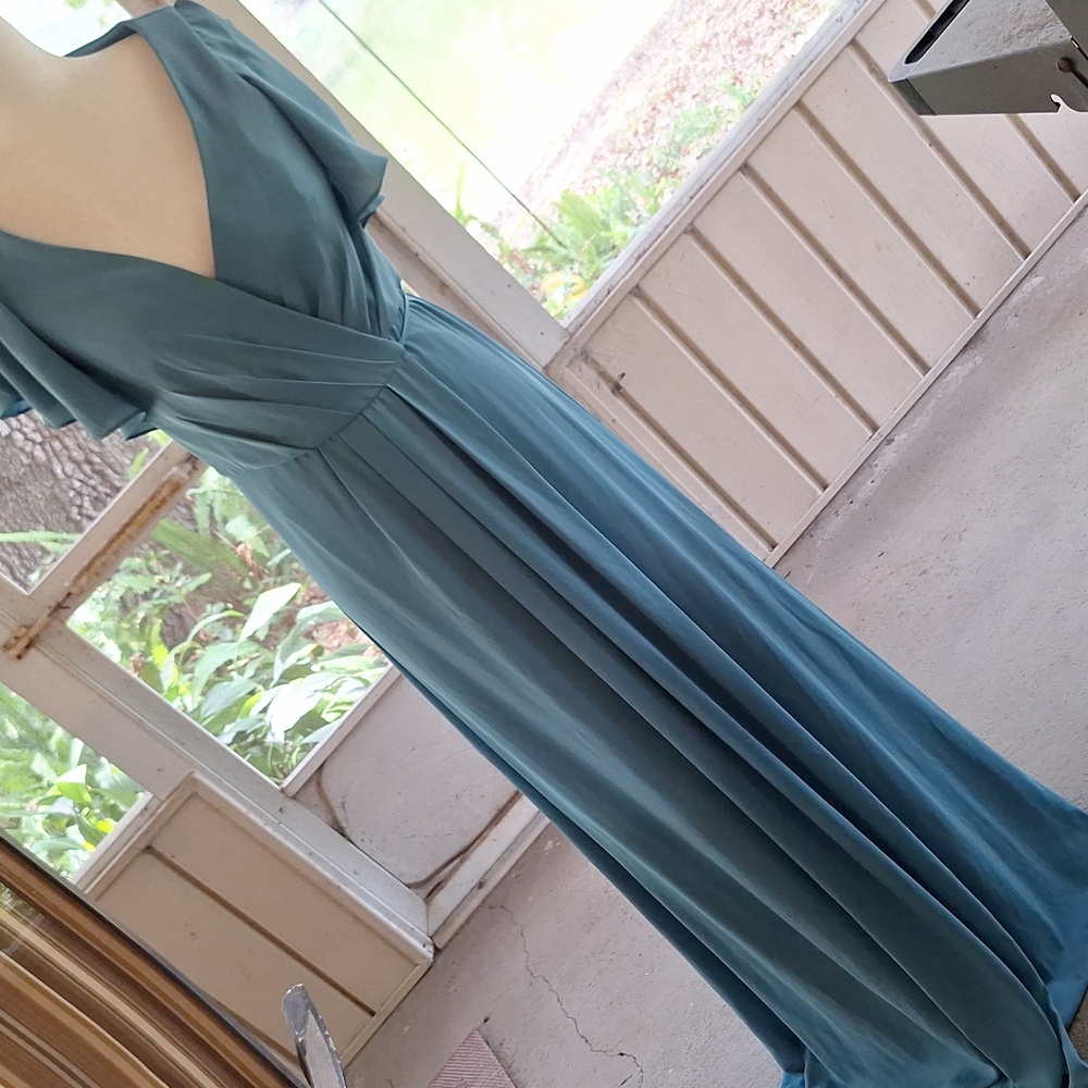 David's Bridal Teal Maxi Gown with One-Shoulder Drape